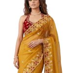 Embroidered Georgette Saree for Women with Designer Blouse Piece | Soft Lightweight Fabric with Floral Thread Work Border | Traditional Saree for Festive, Wedding & Daily Wear