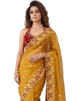 Embroidered Georgette Saree for Women with Designer Blouse Piece | Soft Lightweight Fabric with Floral Thread Work Border | Traditional Saree for Festive, Wedding & Daily Wear