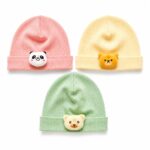 Baby Caps Pack of 3 | 100% Super Soft Cotton Cap for New Born Baby Boys & Girls | Cute Panda & Teddy Bear Design | Unisex Infant Hat