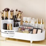 Oslen 360° Rotating Makeup Brush Holder Organizer with Drawers | Premium Large Makeup Organizer for Vanity, Bathroom & Desktop | Skincare, Cosmetics & Accessories Storage Box (White)
