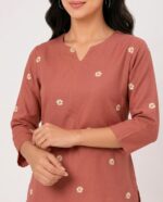 Women Peach Embroidered Cotton Short Kurti | Casual Office & College Kurti Top for Girls - Image 3