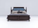 Wooden King Size Bed Without Storage | Low Height Cot with Blue Upholstered Cushion Headboard | Solid Wood Sheesham, Walnut Finish | Mattress Size: 78 X 72 - Image 4
