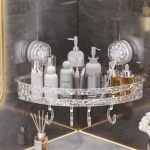 YTHIᵀᴹ Self Adhesive Acrylic Bath Corner Shelf Organiser Self Adhesive Bathroom Shelf Crystal Pattern Design Wall Mounted Storage Rack with Hooks - Image 4