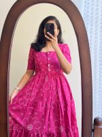 Women's Pink Bandhani Print Tiered Maxi Dress, Short Sleeve, Square Neck, Cotton - Image 3