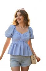 KARMA APPAREL Women’s Stylish Puff Sleeve Ruched Bow Front Top | Trendy Casual Summer Wear for Girls | Soft Lightweight Western Top for Daily & Vacation Outfit