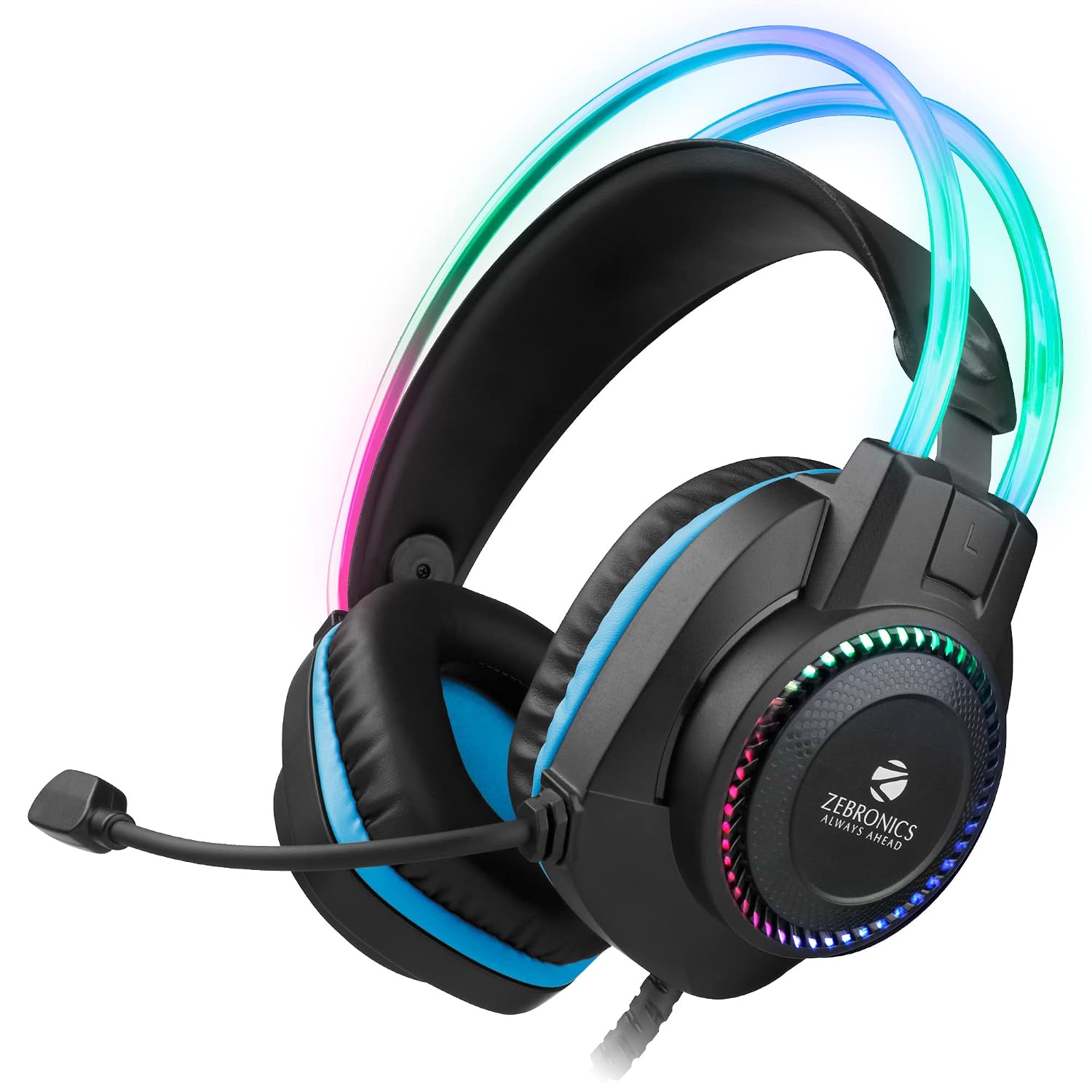 71VR6c3j2bL._SL1500_.jpg Zebronics Jet PRO Premium Wired Gaming On Ear Headphone with LED for Headband + earcups, 40mm Neodymium Drivers, 2 Meter Braided Cable, with mic, Suspension Design, 3.5mm + USB Connector (Black, Blue) - Image 1