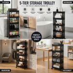 Plastic Storage Trolley Rack with Wheels, 5-Layer Rolling Utility Cart, Space-Saving Home Organizer Rack, Kitchen, Bathroom, Office Storage| Black (1 Pcs, 5-Layer) - Image 4