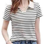 Women Short Sleeve Polo T-Shirts, Lady's Summer Striped Shirt, Collar Neck Casual Tank Tops