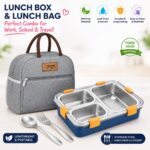 Misamo Enterprise Lunch Box with Insulated Lunch Bag Combo, 3 Compartment Stainless Steel Lunch Box with Spoon & Fork, Leak Proof Food Container for School, Office & Travel (Grey Bag+Blue Lunch Box) - Image 7