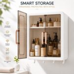KINHA Wall Mounted Storage Cabinet for Kitchen & Bathroom – Multipurpose Plastic Wall Shelf Organizer with Doors, Space Saving Hanging for Bathroom Accessories, Kitchen Storage Rack - Image 4