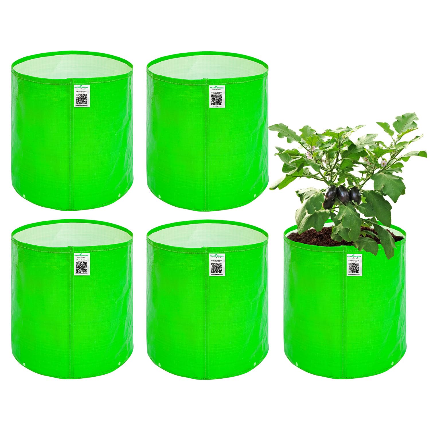 71XqJtb1i2L._SL1500_.jpg Anandi Green's Premium HDPE Uv Protected 260 GSM Round Shaped Green Colour Plants Grow Bags Suitable for Terrace and Vegetable Gardening 12x12 Inch Pack of 5 Grow Bags - Image 1
