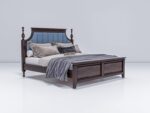 Wooden King Size Bed Without Storage | Low Height Cot with Blue Upholstered Cushion Headboard | Solid Wood Sheesham, Walnut Finish | Mattress Size: 78 X 72 - Image 3