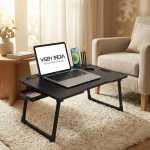VISBY INDIA Smart Multipurpose Foldable Laptop Table with Cup Holder, Study Table, Bed Table, Breakfast Table, Foldable and Portable/Ergonomic & Rounded Edges/Non-Slip Legs (Black Cotted)