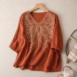 RIEKA Women's Embroidered Top for Women, Maroon V Neck Rayon, 3/4 Sleeve Casual Loose Fit Tunic, Boho Blouse for Women, Korean Style - Image 2