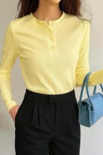 Bollyclues Women’s Ribbed Henley Neck T-Shirt – Soft Stretchable Polyester Blend, Solid Light Yellow Long Sleeve Casual Wear for Office, Daily & Travel - Image 3