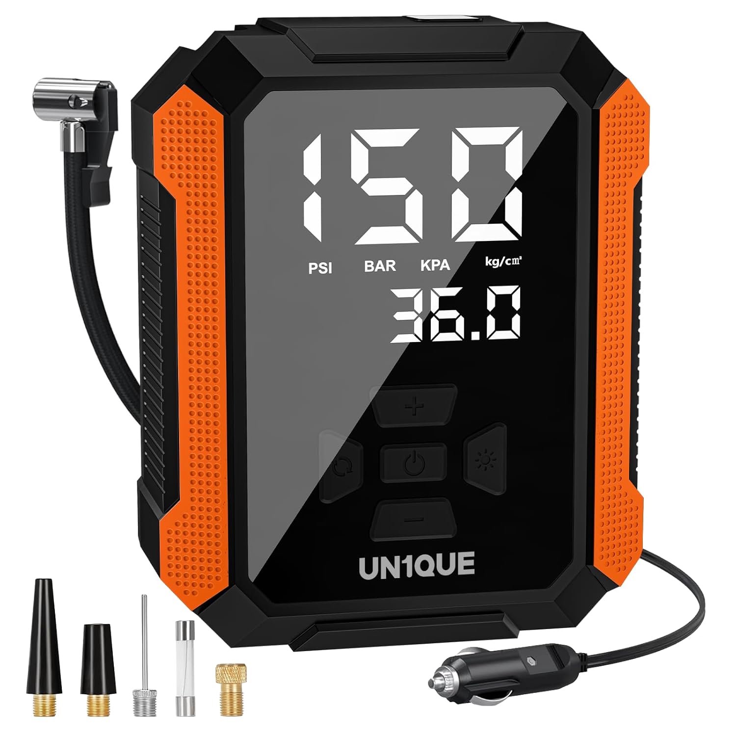 71Yp7HKvAL._SL1500_.jpg UN1QUE PT400 Tyre Inflator for Car, 150PSI 12V DC Car Air Pump with Preset & Auto Off, 120 Watt Portable Air Compressor with Digital Tyre Pressure Gauge & LED Light - Image 1