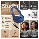 pTron Studio w/ 60Hrs Playtime, Wireless Over-Ear Headphones with HD Mic, Dual-Device Pairing, Immersive Sound, 40mm Drivers, BT5.4, 3.5mm Aux Port, TF Card Slot & Type-C Fast Charging (Blue) - Image 2