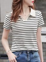 Women Short Sleeve Polo T-Shirts, Lady's Summer Striped Shirt, Collar Neck Casual Tank Tops - Image 5