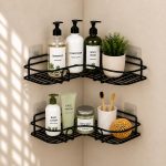Bathroom Corner Shelf Organiser Without Drill Adhesive, Pack of 2 | Wall-mounted rack for kitchen, washroom & balcony. Quick-drain wire base keeps toiletries dry. Tool-free, damage-free.