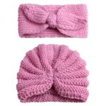SYGA Pack of 2 Baby Cap & Headband Woolen Soft Stretchable Hat and Ears Warm Headband for Newborn Baby Winter Cap 0-3 Years - Pink