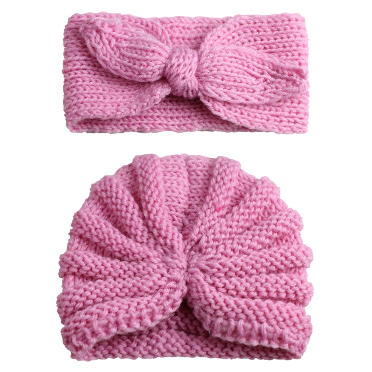71d-AEuP2iL._SL1500_.jpg SYGA Pack of 2 Baby Cap & Headband Woolen Soft Stretchable Hat and Ears Warm Headband for Newborn Baby Winter Cap 0-3 Years - Pink - Image 1