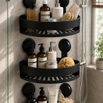 Plastic Bathroom Corner Shelf Wall Mounted, Self Adhesive Shower Organizer Rack with Hooks, Waterproof Storage Stand for Kitchen, Wash Basin & Bathroom Accessories (3 PCS Black)
