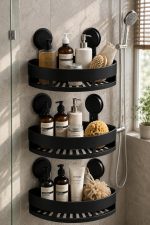 Plastic Bathroom Corner Shelf Wall Mounted, Self Adhesive Shower Organizer Rack with Hooks, Waterproof Storage Stand for Kitchen, Wash Basin & Bathroom Accessories (3 PCS Black)