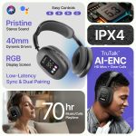 pTron Studio Pixel, 70hrs Playtime, Dual Device Pairing, Wireless Over Ear Headphones w/HD Mic, TruTalk AI-ENC Calls, 40mm Drivers, Pristine Sound, RGB Display, BT5.3 & Type-C Charging (Jet Black) - Image 2