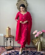 Yashika Women Pink Embroidered Chanderi Fabric Straight Kurta, Pant and Dupatta Set - Image 2