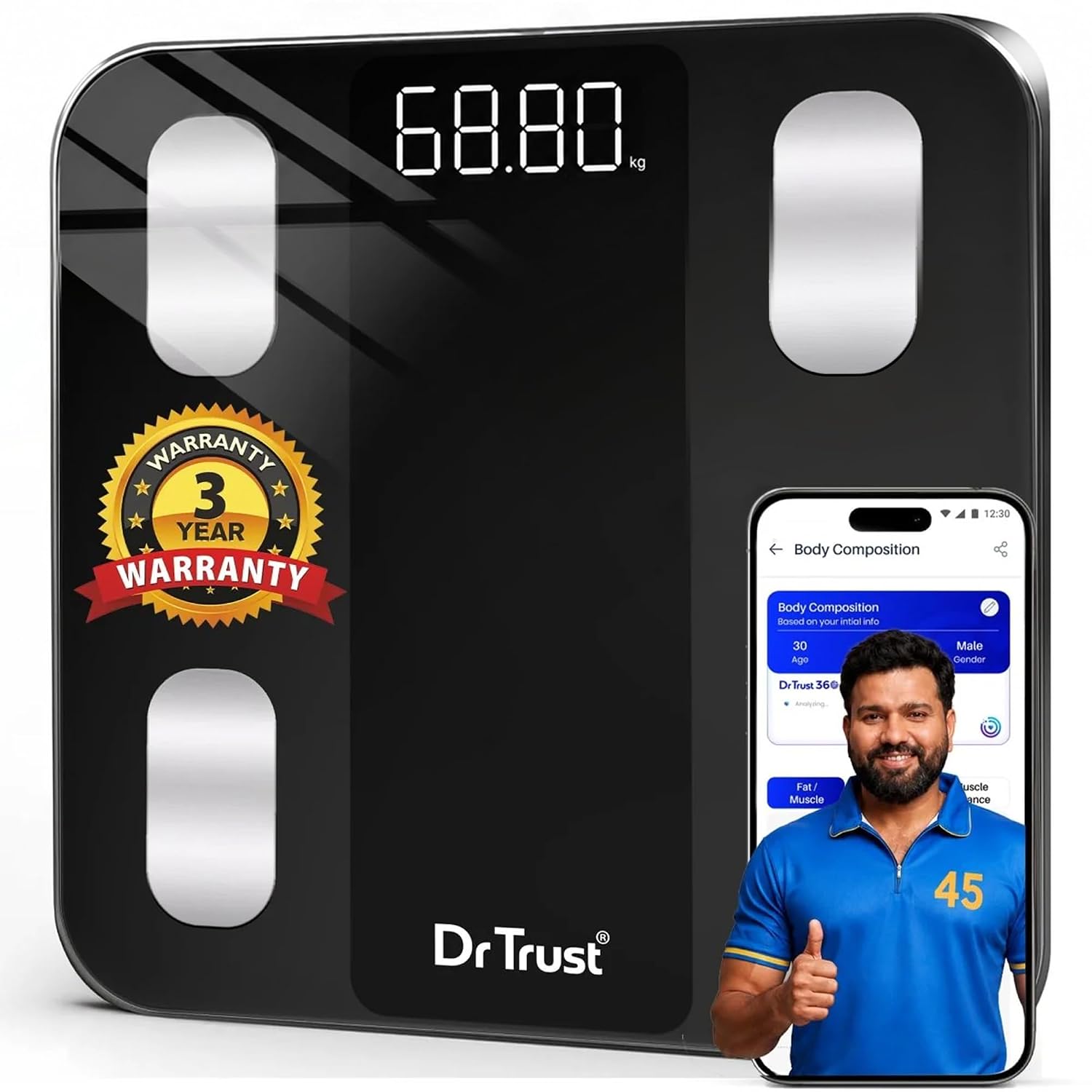 71ejdqTJ-L._SL1500_.jpg Dr Trust USA Legend Smart Scale | 20+ Parameters | US FDA approved | Unlimited Users Bluetooth BMI Weight Scale with 3 Years Warranty Weighing Machine & Body Fat Analyzer for Health Monitoring (Black) - Image 1