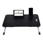 Wood Smart Multipurpose Foldable Laptop Table with Cup Holder, Study Table, Bed Table, Breakfast Table, Portable,Ergonomic & Rounded Edges/Non-Slip Legs (New Black)
