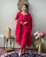 Yashika Women Pink Embroidered Chanderi Fabric Straight Kurta, Pant and Dupatta Set - Image 6