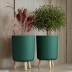 StyleX Store Modern White Flower Pot with Plastic Legs | Indoor Outdoor Planter for Home Garden Balcony Decor Ribbed Design Sturdy Plastic Mid-Century Style (Green Pack of 2)