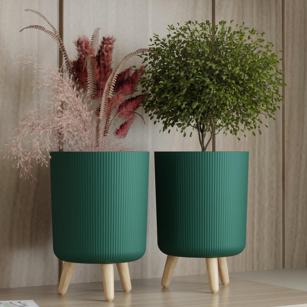 71fjdm8uFEL._SL1257_.jpg StyleX Store Modern White Flower Pot with Plastic Legs | Indoor Outdoor Planter for Home Garden Balcony Decor Ribbed Design Sturdy Plastic Mid-Century Style (Green Pack of 2) - Image 1