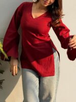 ANNI Designer Short Kurti for Women Latest Solid Design | V Neck Full Sleeve Kurti Tops for Women | Stylish Kurtis & Short Kurtis for Woman | Casual Kurti with Jeans | Kurtas for Woman - Image 4