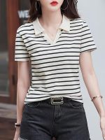 Women Short Sleeve Polo T-Shirts, Lady's Summer Striped Shirt, Collar Neck Casual Tank Tops - Image 6