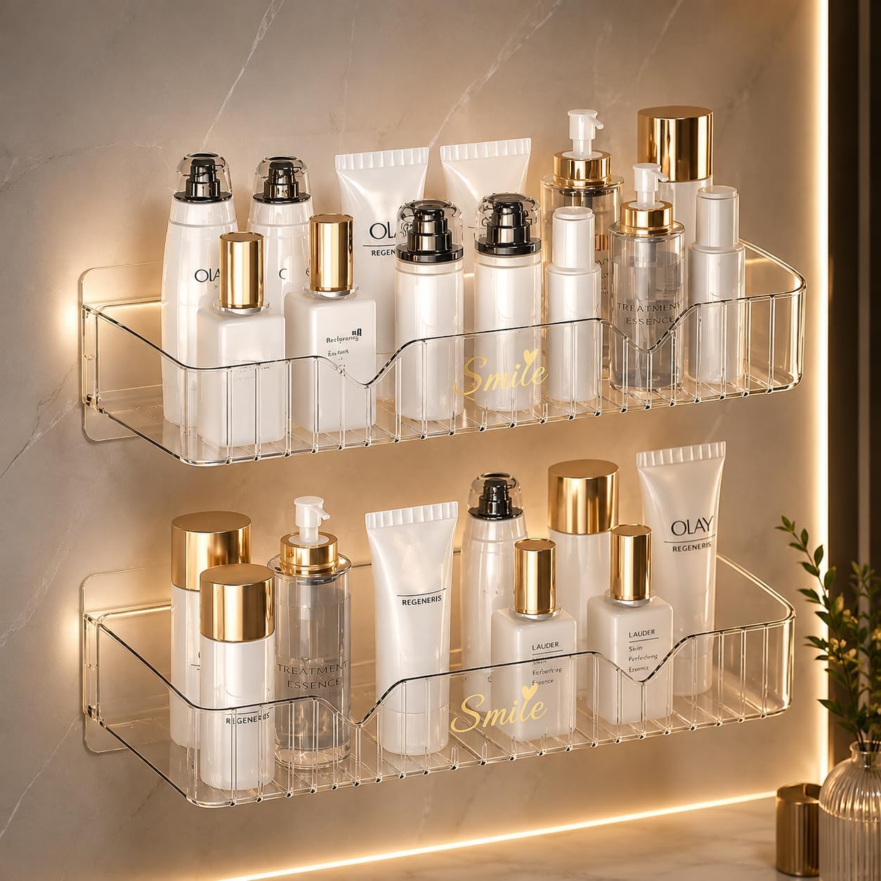 71gcVSBG-SL._SL1254_.jpg 2Pcs Transparent Acrylic Bathroom Shelf for Wall | Multipurpose Self Adhesive Storage Rack for Shampoo, Soap, Cosmetics & Kitchen Accessories | Strong Waterproof Wall Organizer - Image 1