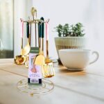 Golden Utensils Set with Stand 6 Hook Steel Cooking Tools Rack with Rotating Holder, Kitchen Ladle with for Home Cookware Set with Storage Stand, Kitchenware Sets - Image 4