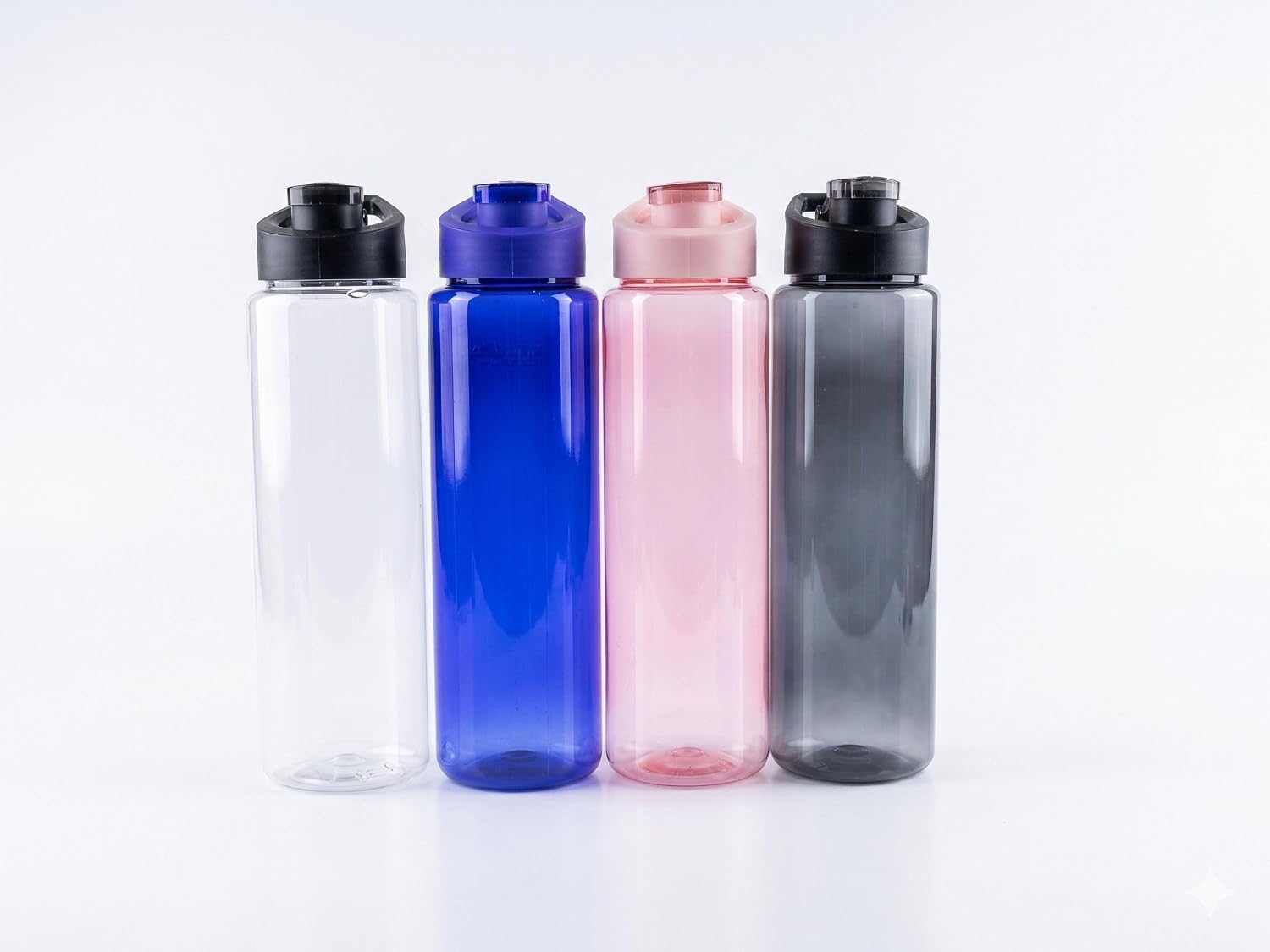 71i04ki0yL._SL1500_.jpg Water Bottles Set of 4 – 1000ml Plastic Drink Bottle Pack for Daily Use, School, Gym & Office – Leakproof BPA Free Reusable Hydration Bottles for Fridge (Pink, Blue,Black,Transparent) - Image 1