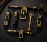 Premium Brass Main Door Handle & Lock Set with Aldrop, Tower Bolt, Hinges & Accessories | Antique Gold Designer Door Hardware Kit for Wooden Doors | Complete Door Fitting Set (MDL 14)