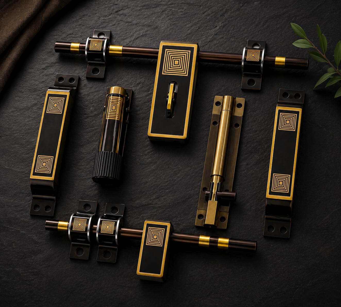 71iC9p39OJL._SL1323_.jpg Premium Brass Main Door Handle & Lock Set with Aldrop, Tower Bolt, Hinges & Accessories | Antique Gold Designer Door Hardware Kit for Wooden Doors | Complete Door Fitting Set (MDL 14) - Image 1