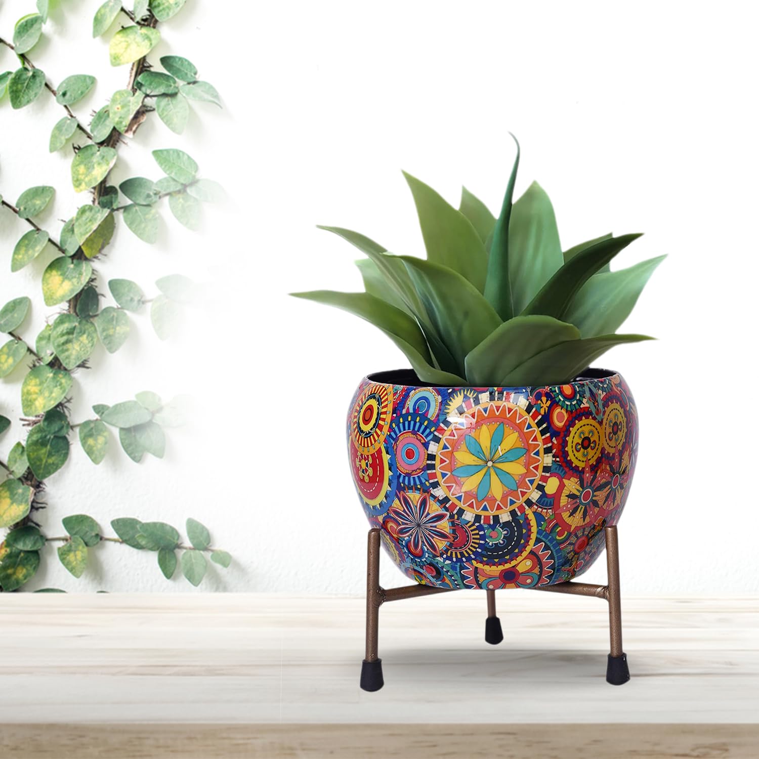 71j8by4bU0L._SL1500_.jpg CINAGRO Metal Flower Vase Planter Pot with Iron Stand, Pots for Plants, Plant Pots for Home Decoration, Succulent Pot, Indoor Planter Garden Decor (Size: 6X6 inch) Style: Mandala Fusion Spectrum | Plant Pots for Home Decor, Rust Resistant, Indoor Planter, Succulent Pot - Image 1