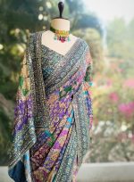 Women's Blue Green Pink Multicolored Ajrak Digital Prined Real Mirror And Latkan Worked Saree With Blouse - Image 4