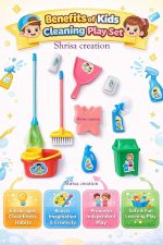 Kids Pretend Play Cleaning Set, Toy Broom, Mop, Dustpan, Brush, Sponge, Spray Bottle and Trash Can, 10 Piece - Image 2