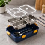 Misamo Enterprise Lunch Box with Insulated Lunch Bag Combo, 3 Compartment Stainless Steel Lunch Box with Spoon & Fork, Leak Proof Food Container for School, Office & Travel (Grey Bag+Blue Lunch Box) - Image 9