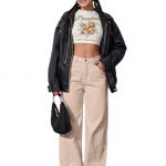 Women's Wide Leg Jeans, Cream Washed Denim, High Rise, Relaxed Baggy Fit, Casual Streetwear