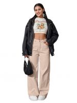 Women's Wide Leg Jeans, Cream Washed Denim, High Rise, Relaxed Baggy Fit, Casual Streetwear