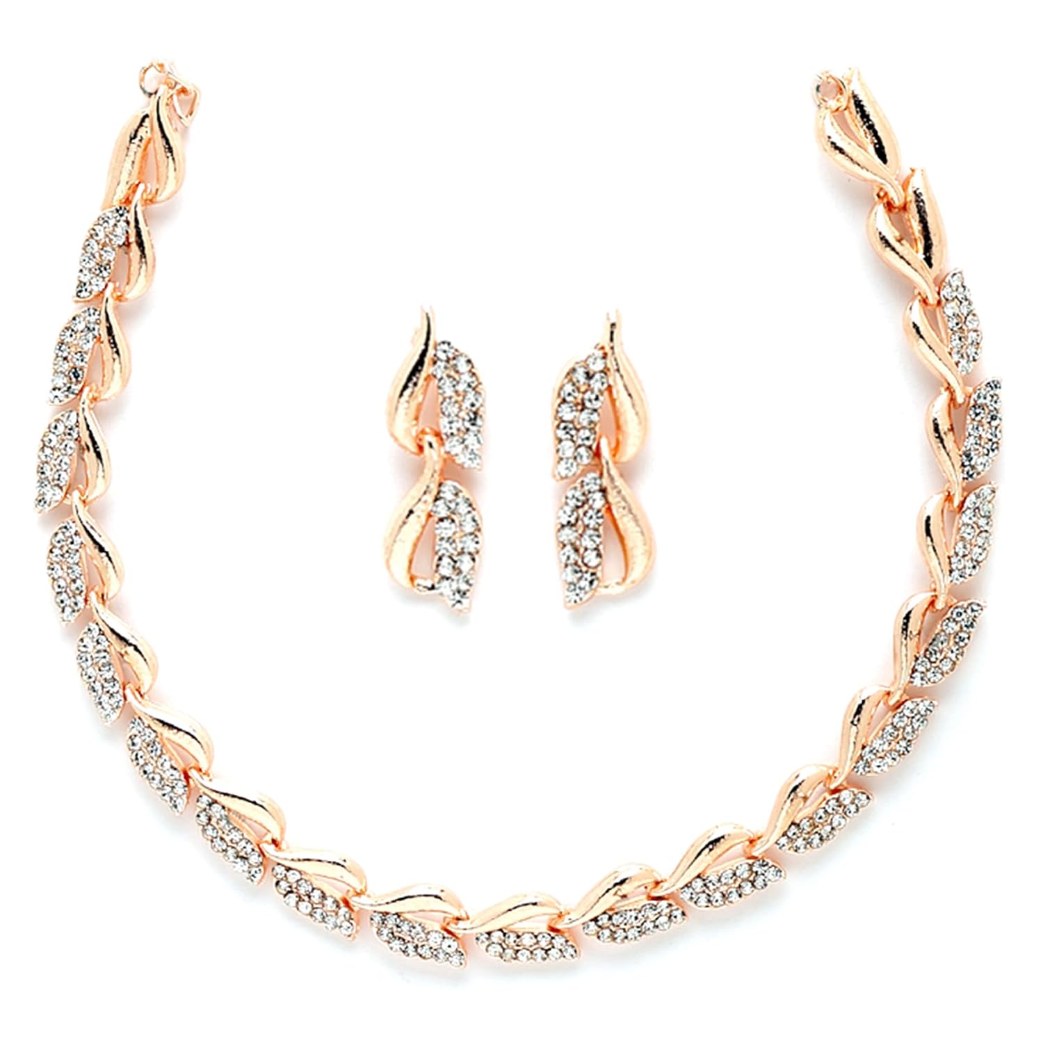71oIQcQ92HL._SL1500_.jpg ZENEME Women American Diamond Studded Intrcately Designed Leaf Shaped Necklace With Earring Jewellery Set For Women and Girl (Style 4) - Image 1