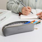 AROPANA Vegan Leather Pencil Case & Organizer - Portable Premium Zipper Pouch for School, Office, and Travel - Multi-Use Organizer for Stationery|Cosmetic|Makeup Brushes-21cm x 5cm - Grey - Image 2