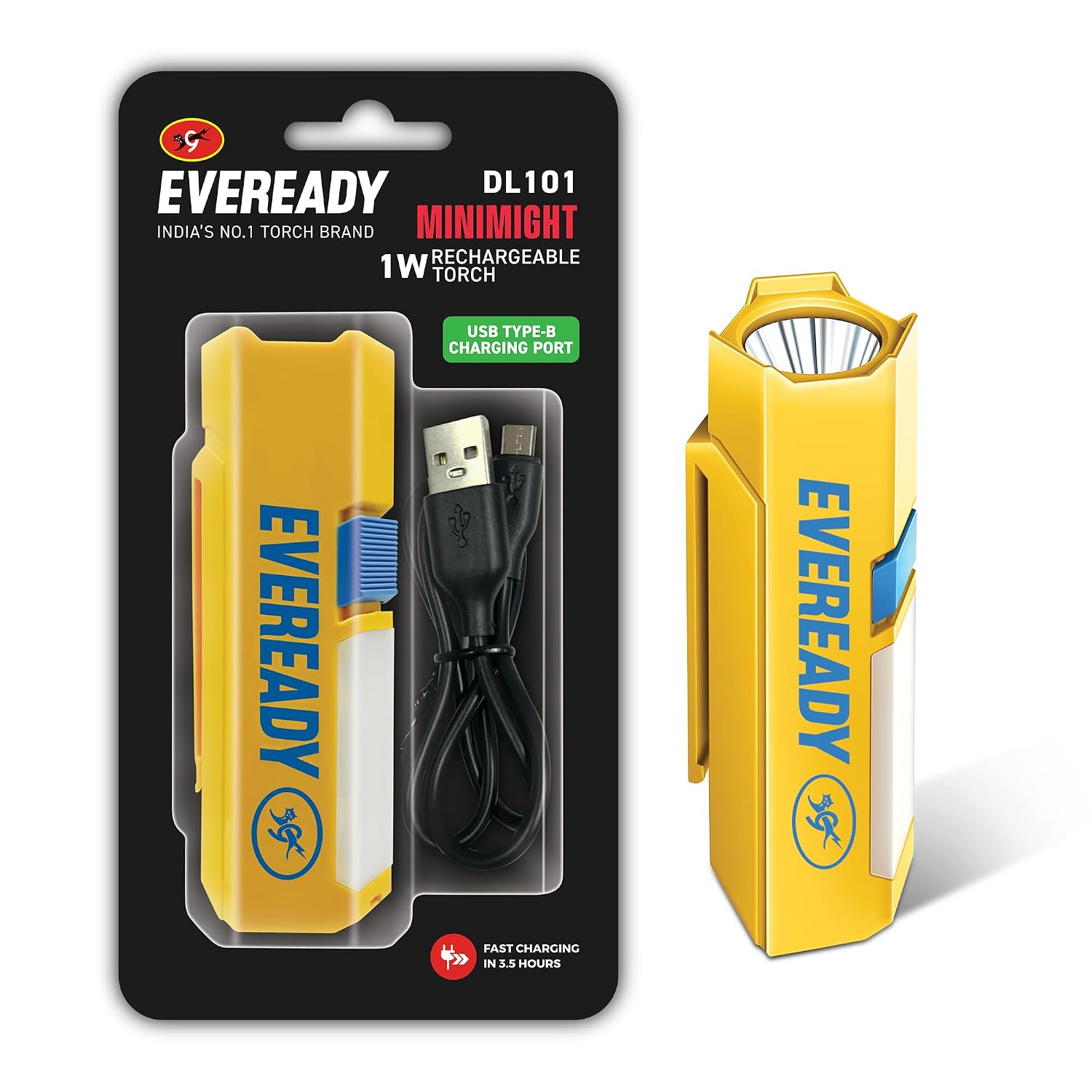 71pBhQRdwL._SL1500_.jpg Eveready DL 101 Minimight, 1W Rechargeable LED Emergency Torch + 2W Sidelight, Pocket-Friendly Hexagonal Design, Hands-Free Clip, Type B/Micro USB Charging, Overcharge & Deep Discharge Protection - Image 1